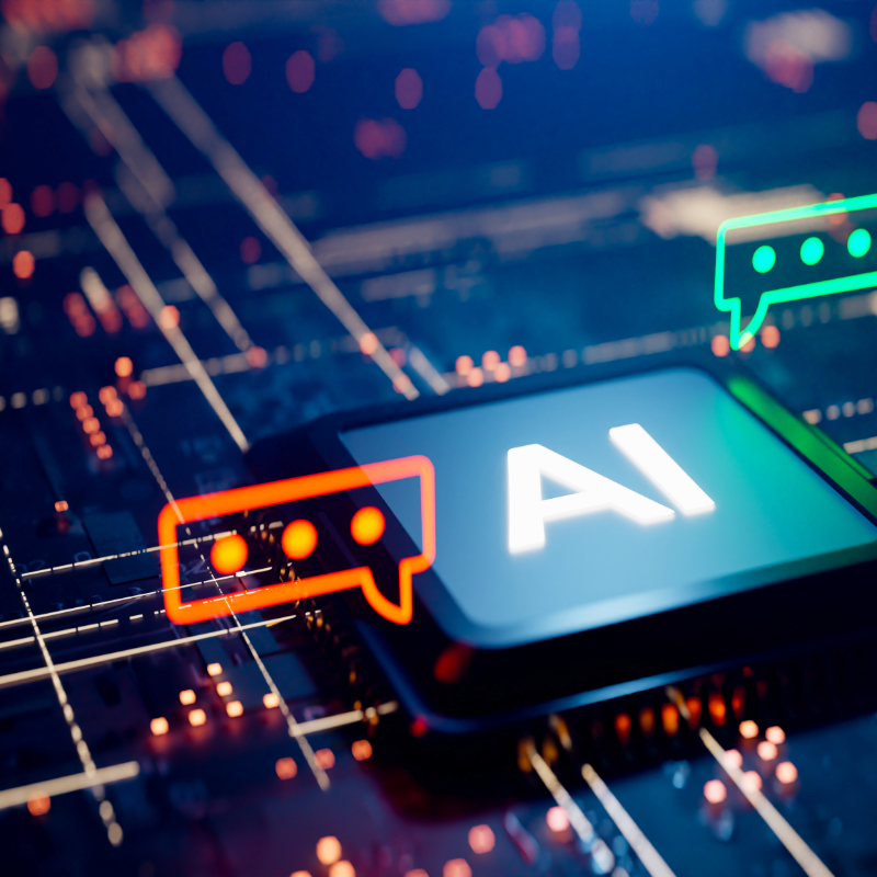 Rappresentazione visiva dell’intelligenza artificiale con icone di messaggi, simbolo del dialogo tra AI e HR nelle aziende moderne